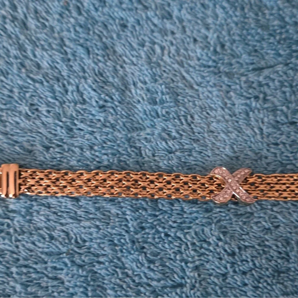 Gold Tone Mesh Chain Bracelet with Clear X Pavé Accent, Fold Over Closure